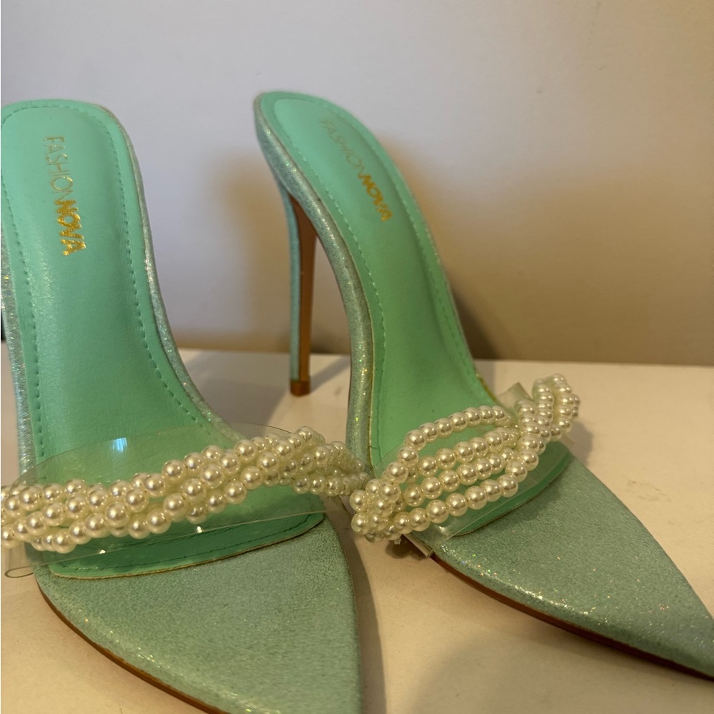 Fashion Nova Pearl Embellished Green Heels